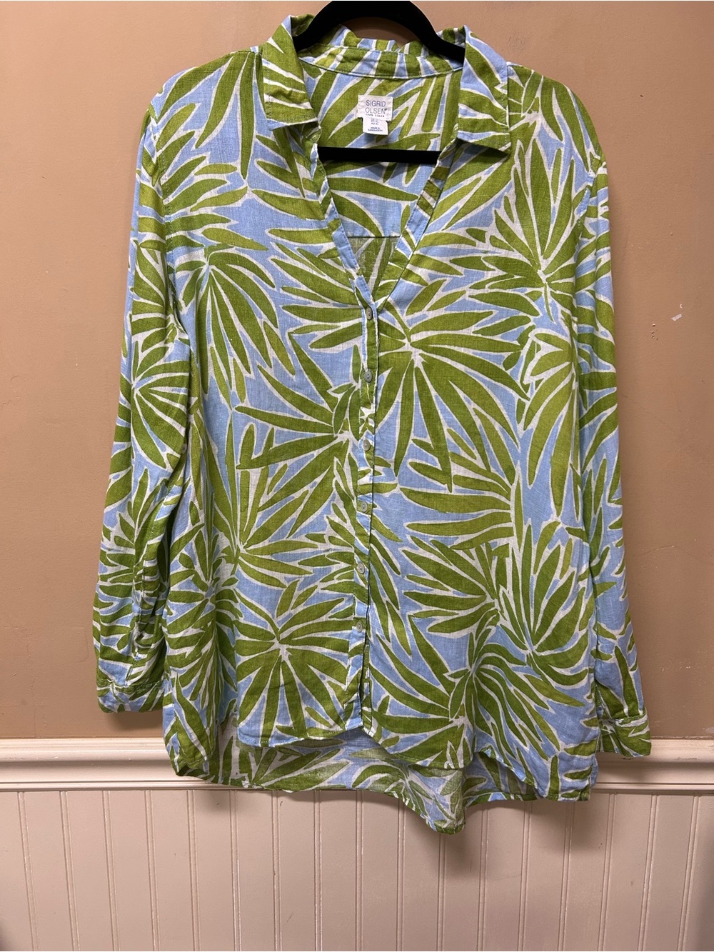 Sigrid Olsen 100% Linen Palm Leaf Button-Up Shirt Long Sleeve Green Blue Size XL